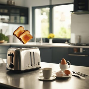 a toaster stands on the worktop in the middle of a modern kitchen two slices of toast just pop out of the slots of the toaster, they hover above it at