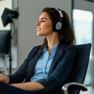 a woman sits in an office chair, she is talking on inear headphones setting is business, style photography, studio lighting