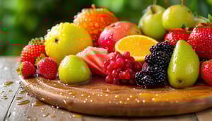 a wooden cutting board full of different types of fresh fruit there are drops of water of different sizes everywhere taken from the front at an angle
