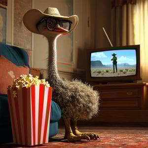 an ostrich with glasses sits casually on a couch, a large bag of popcorn stands on his legs, he looks at a TV opposite him the TV is a flat screen, sh