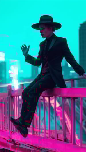someone wearing a dark suit and a hat leans on a bridge railing with one hand and jumps over it